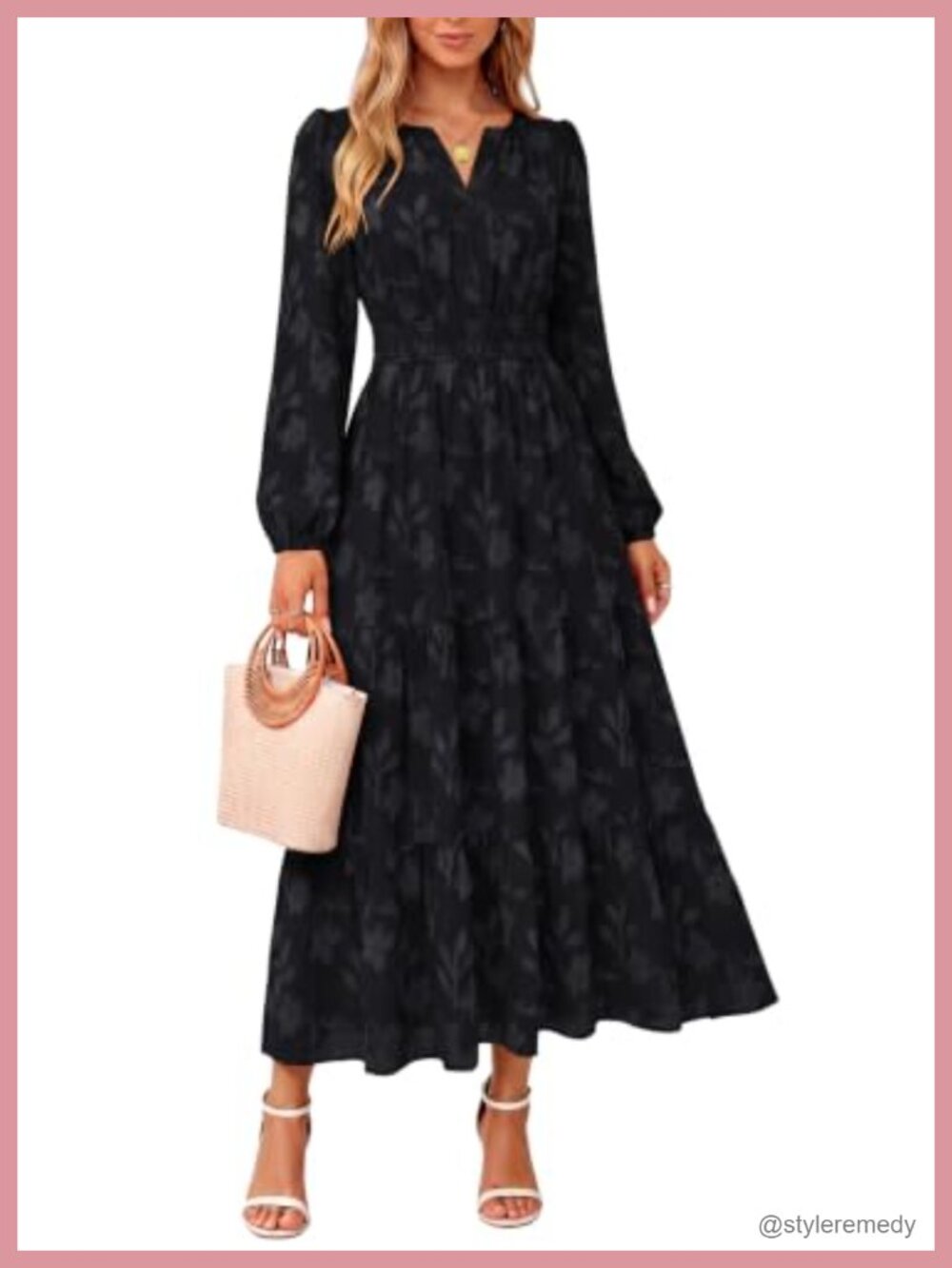Long Sleeve Floral Jacquard Maxi Dress with Pockets Tiered Ruffle A-Line